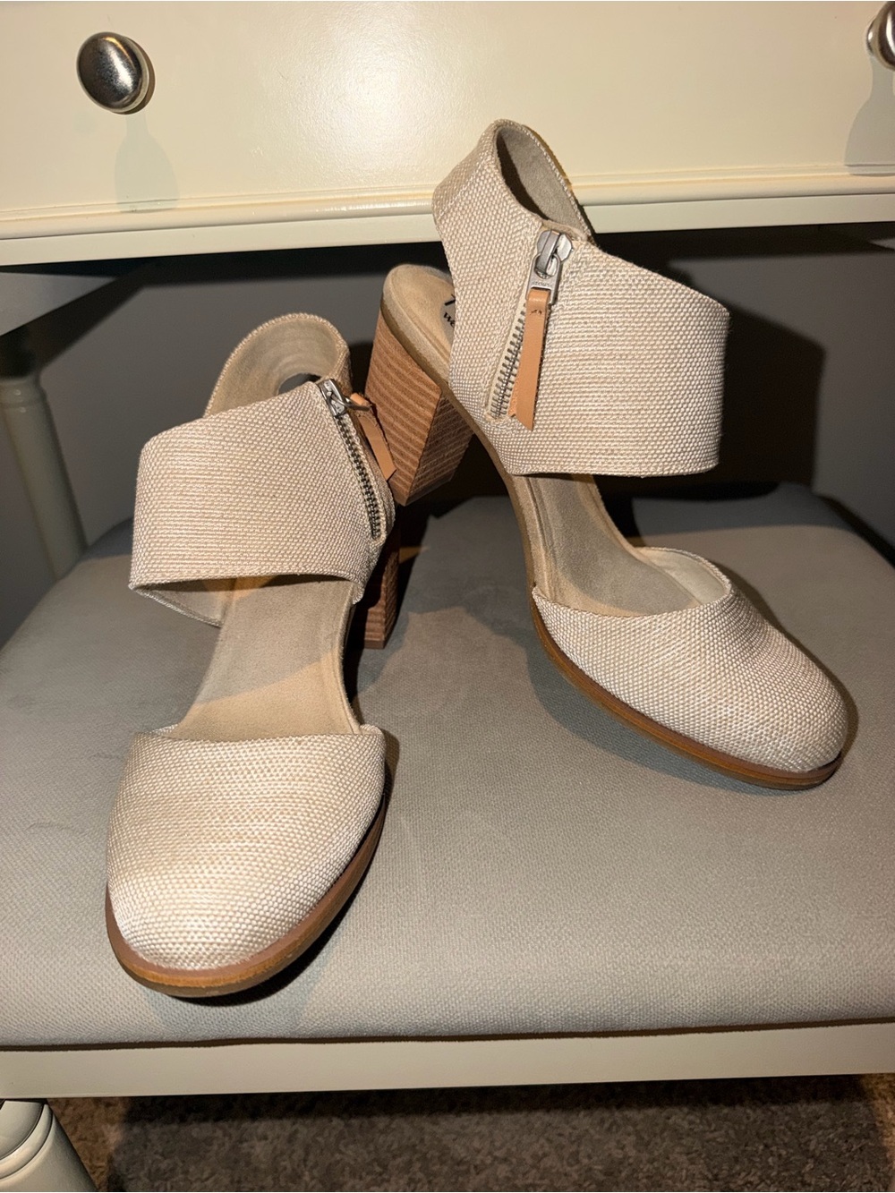 Women's Tom's Beige Block Heel Sandals with Ankle Strap